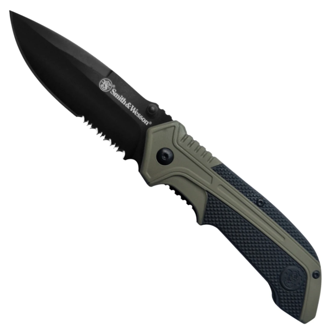Smith & Wesson OD Green Spring Assist Knife, Black Combo Blade 1 Smith & Wesson OD Green Spring Assist Knife, Black Combo Blade