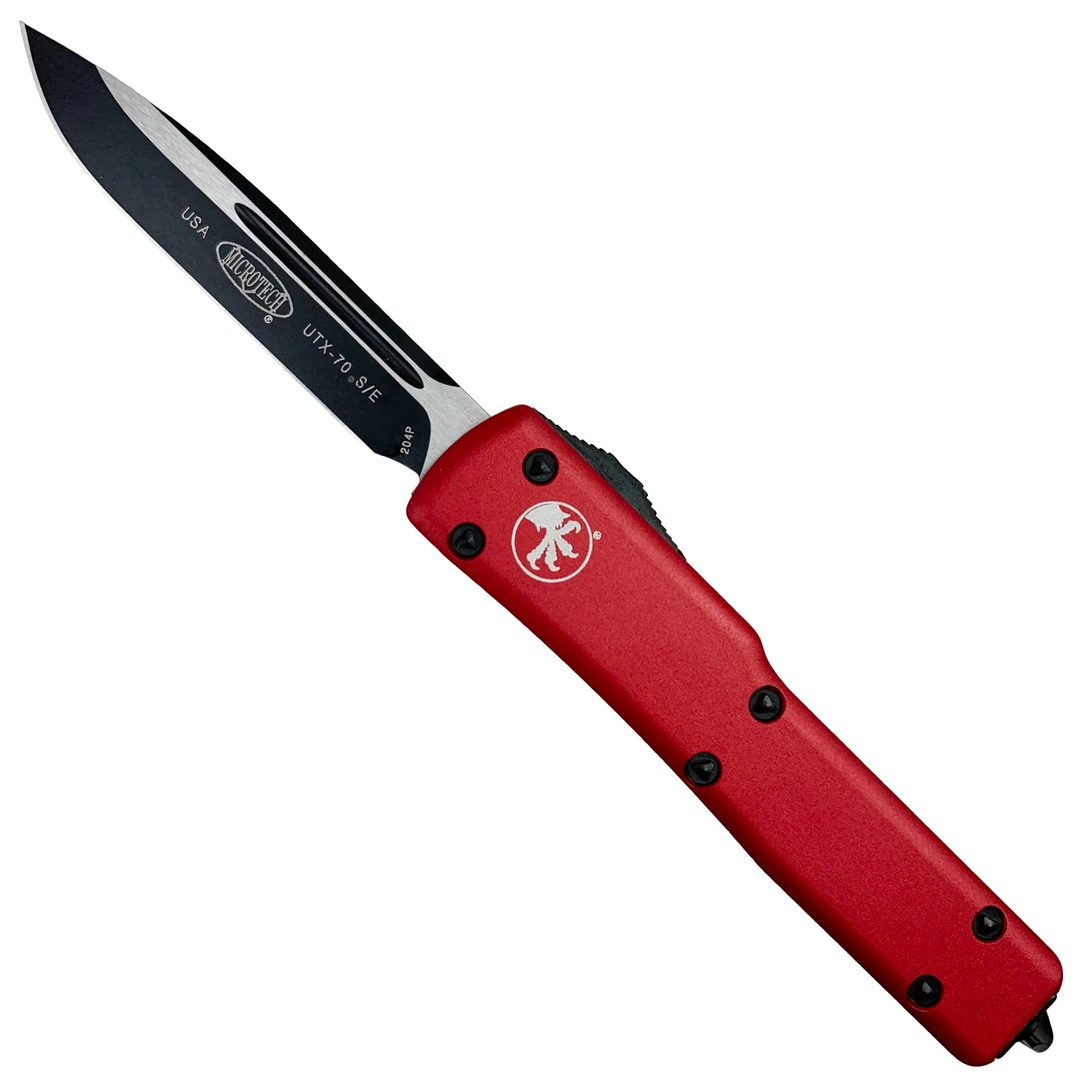 Microtech Red UTX70 OTF Knife, Black Finished Drop Blade 1 Microtech Red UTX70 OTF Knife, Black Finished Drop Blade