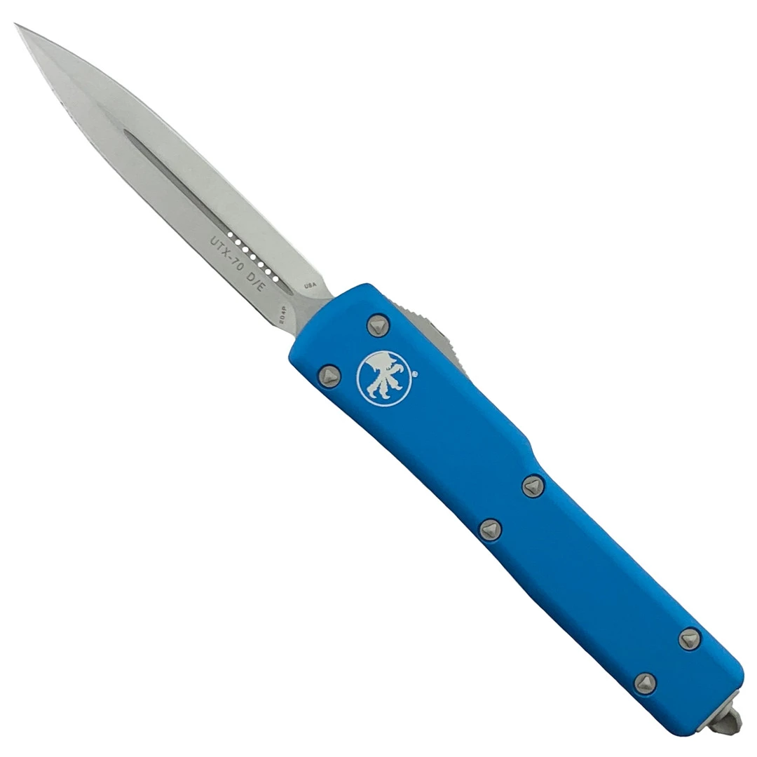 Microtech Blue UTX70 OTF Knife, Double Edge Stonewash Finish 1 Microtech Blue UTX70 OTF Knife, Double Edge Stonewash Finish