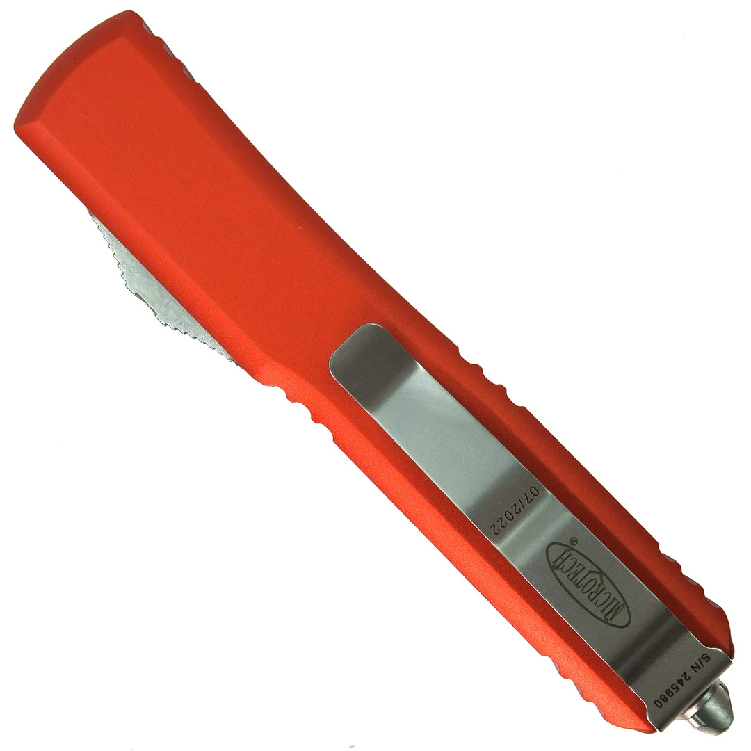 Microtech 122-12OR Orange Contoured Ultratech D/E OTF Auto Knife, Double Edge Serrated Stonewash Blade 2 Microtech 122-12OR Orange Contoured Ultratech D/E OTF Auto Knife, Double Edge Serrated Stonewash Blade - Image 2