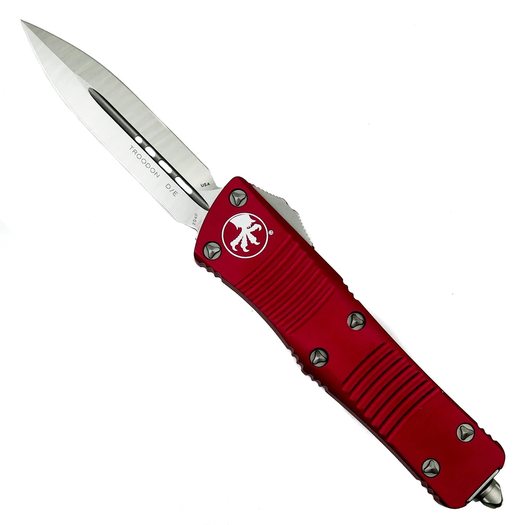 Microtech Red Troodon Double Edge OTF Knife, Satin Dagger Blade 2 Microtech Red Troodon Double Edge OTF Knife, Satin Dagger Blade - Image 2