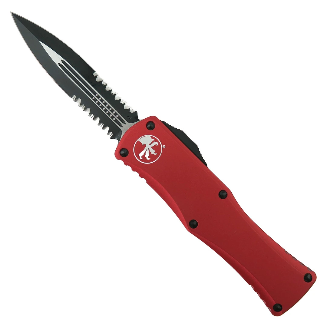 Microtech Red Hera OTF Knife, DLC Black Part Serrated Dagger Blade 1 Microtech Red Hera OTF Knife, DLC Black Part Serrated Dagger Blade